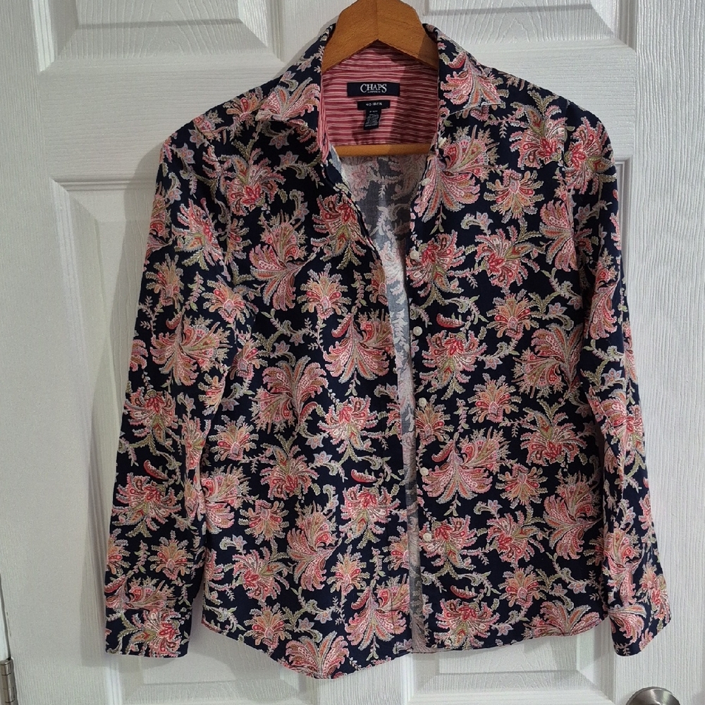 CHAPS shirt, floral, navy background, 100% Cotton, western, Med Petite